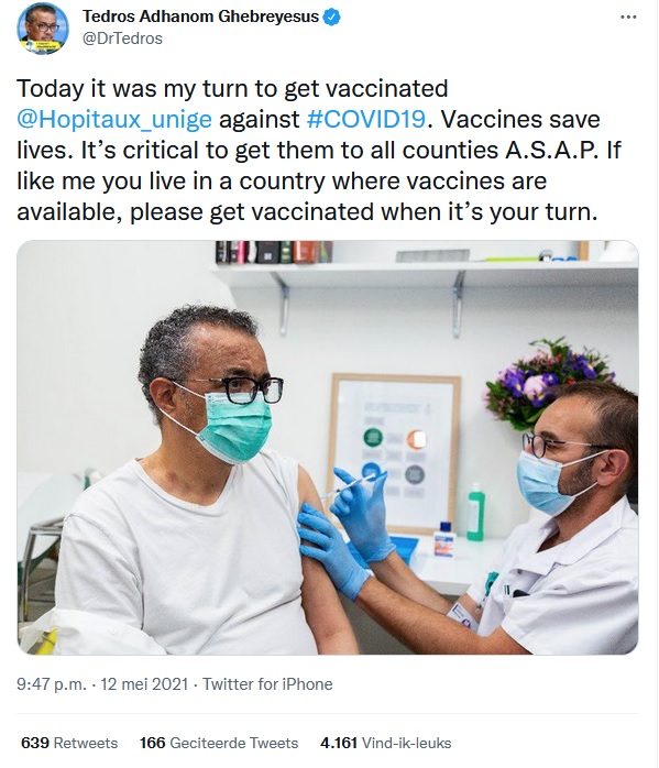 Ghebreyesus twitter over vaccinatie