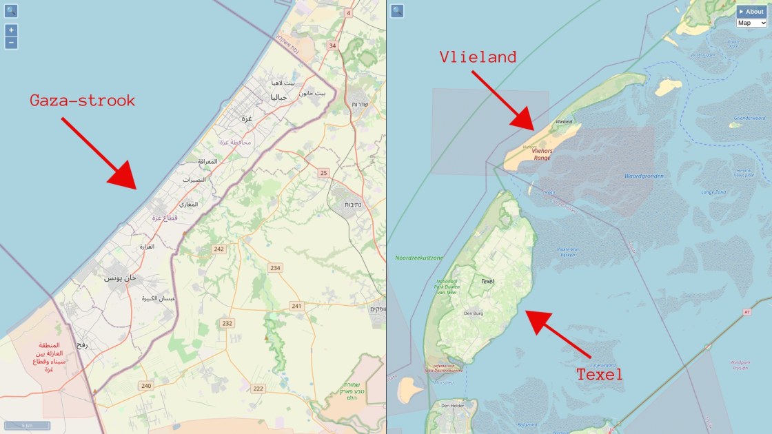 kaart gaza-strook texel vlieland